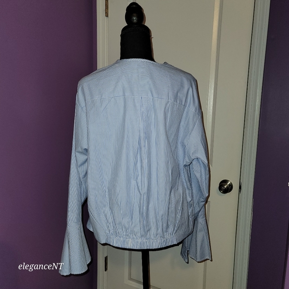 Fashion to Figure Blue/White Pinstripe knot Front L/S wrap shirt  Sz: 0X NWT - Picture 6 of 9
